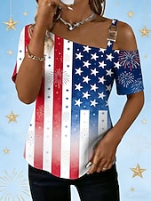  American Independence Day Women's T Shirt Tee Top Print Graphic American Flag Fashion Stylish Classic Short Sleeve One Shoulder Regular Tops Daily Going out Weekend Blue Red Summer Spring