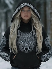 levne Vikingové vrcholy-Dámské Mikina s kapucí s kapucí Slátanina Tisk Přední kapsa Grafika Zvíře Vinobraní Na běžné nošení Cikánský Dlouhý rukáv Kapuce Běžné topy Ležérní ulice Na den Černá Zima