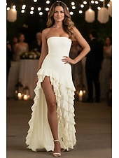  Tubino Colonna Lunghezza al pavimento Abito Bianco Piccolo vestito bianco Elegante Schiena Scoperta Senza Maniche Senza Spalline Festa serale Matrimonio Chiffon Senza schiena con Volant Spacco