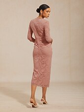 preiswerte abendkleider-Damen-Midikleid, Etuikleid, figurbetontes Kleid, Lochstickerei, Illusionsspitze, gerafft, elegant, für jeden Tag, Hochzeit, als Gast, Date, normale Passform, Blumenmuster, 3/4-Ärmel, V-Ausschnitt,