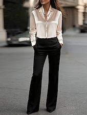  Per donna Camicia Elegant Top in raso A calotta di seta Bottoni Tinta unica Elegante Essenziale Casual Manica Lunga Colletto a Camicia Top Regolari Quotidiano Ferie Blu Argento Nero Bianco Champagne