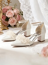 abordables novia-Women's Ivory Pearl Embellished Ankle Strap Heels, Elegant Pointed-Toe Bridal Shoes for Modern City Wedding