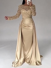 economico Abiti da ballo-Sirena Tromba Lunghezza al pavimento Abito da Sera Elegante Brillare &amp; Splendere Manica Lunga Scollo Illusione Carnevale Mascherata Abito Champagne per la Madre della Sposa Raso Con Paillettes con