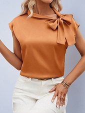 billiga Kostymblusar-Dam Skjorta Satinskjorta Blus Slät Stylish Grundläggande Klassisk Kortärmad Knyt hals Vanliga toppar Dagligen Helgdag Utekväll Gul Ljusgrön Orange Grön Sommar Vår