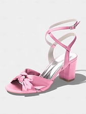 economico Damigella d&amp;#39;onore-sandali da donna con tacco a blocco in raso fucsia, scarpe eleganti con cinturino alla caviglia e fiocco per damigelle d'onore per matrimoni all'aperto in giardino
