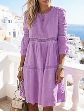 cheap White Lace Dresses-Women's Knee Length Dress White Lace Dress Eyelet Dress Elegant Fashion Modern Outdoor Beach Vacation Loose Fit Plain Half Sleeve Crew Neck Blue White Yellow Purple Summer Spring