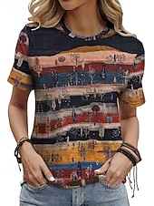 economico T-shirt a righe e geometrico-Per donna Maglietta Stampato Blocco di colori Elegante Classico Casual Manica Corta Girocollo Top Regolari Quotidiano Blu Giallo Cachi Estate Primavera Autunno Inverno
