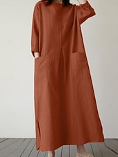 זול שמלות פו המהותיות-בגדי ריקוד נשים שמלת מיני פשתן כותנה דמוי עור שמלת שיפט יום יומי יומי מונח בצורה רפויה אחיד שרוול ארוך צווארון עגול קצר שחור כתום ירוק צבאי משמש קיץ אביב סתיו