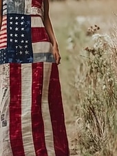  Ziua Independentei Pentru femei Rochie Maxi lungă Rochie casual Rochie Slip Modă De Bază Modern Zilnic În aer liber Plajă Potrivire Largă Steagul american Fără manșon Stil Nautic Roșu-aprins Var