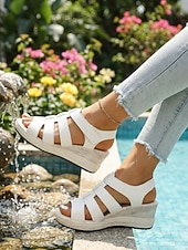 abordables Sandalias de cuña-Sandalias cómodas de cuña negras para mujer: zapatos de plataforma informales con soporte para ir de compras, viajar y usar a diario.