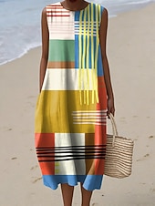 cheap Stripe&amp;Geometric Dress-Women's Midi Dress Linen Like Shift Dress Casual Beach Going out Loose Fit Graphic Geometric Sleeveless Crewneck Blue Light Yellow Yellow Purple Summer Spring