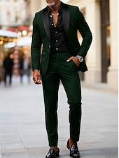 cheap Men's Classic Blazers-Men's Blazer+Dress Pants Suits Business Cocktail Party Wedding Party Fashion Casual Spring Fall Polyester Plain Pocket Buttons Comfortable Single Breasted Blazer Black Red Burgundy Green