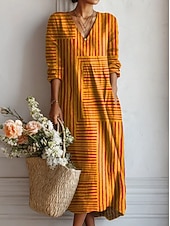 cheap Stripe&amp;Geometric Dress-Women's Midi Dress Linen Like Sundress A Line Dress Vacation Casual Boho Holiday Loose Fit Graphic Geometric Color Block Long Sleeve V Neck Blue Orange Summer Spring