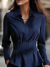 economico Bluse Semplici-Per donna Camicia popover Camicia casual Blusa Bottoni Tinta unica Elegante Formale Manica Lunga Collo ripiegato Top Regolari Quotidiano Lavoro Ferie Nero Bianco Blu marino Marrone Primavera Autunno