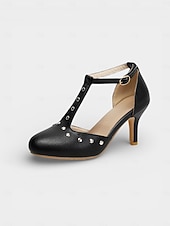 ieftine Pantofi Mary Jane-Pantofi cu toc mediu, negri, cu bareta în T și accente argintii, model Mary Jane pentru femei – stil elegant de zi cu zi, pentru ținute profesionale de birou și naveta elegantă