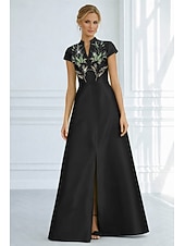 cheap A-Line Evening Dresses-A-Line Floor Length Beaded Eembroidered Formal Dresses Mother of the Bride Dress Evening Gown Formal Dress Elegant Sparkle Silky Short Sleeve V Neck Wedding Formal Pocket Satin Cowl Back with Glitter
