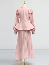 preiswerte Semi-formal / Cocktail-Zweiteilig A-Linie Knöchellänge Kleid für Hochzeitsgäste Kleider für Hochzeitsgäste Elegant Vintage Täglich Langarm Revers Gartenparty Hochzeit mit 3D-Blumen Falten