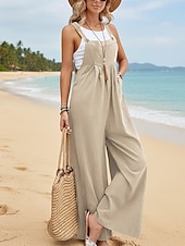 abordables Mono-Mono deportivo para mujer, color liso, sin mangas, pierna ancha, ideal para uso diario en la playa, corte holgado, negro, rosa, verde militar, verano.