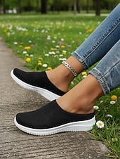 Недорогие Женские кроссовки-Женские дышащие вязаные прогулочные туфли без шнурков – легкие эластичные сетчатые мюли для путешествий, повседневной носки, покупок и прогулок на свежем воздухе.