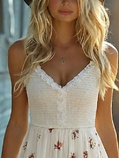 cheap Vacation Boho Dress-Women's Mini Dress Casual Dress Summer Dress Slip Dress Boho Dress Vintage Vacation Daily Going out Regular Fit Floral Sleeveless Straps Black White Spring Summer