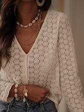 preiswerte Spitzenoberteile-Damen Bluse Spitze Patchwork Einfarbig Stilvoll Lässig Langarm V Ausschnitt Normale Oberteile Täglich Aprikose Sommer Frühling Herbst