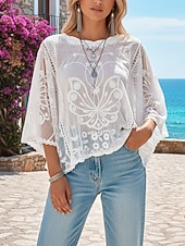 cheap Dressy Blouses-Women's Shirt Lace Shirt Lace Splicing Top Blouse Lace Lace Trim Solid Color Elegant Stylish Casual Half Sleeve Flutter Sleeve Crew Neck Regular Tops Daily Wedding Guest Holiday Blue White Pink Khaki