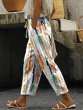 baratos Calça-Mulheres Calças Calça casual Calça verão Férias Básico Casual Comprimento total Natural Listrado Geométrico Bolsos Estampado Design de cordão elástico Confortável Respirável Sem Elasticidade Diário