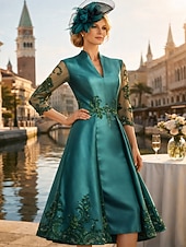 voordelige Thee Lengte-A-lijn Over de knie Feestjurk Cocktail jurk Bruiloft gast jurk Moeder van de bruid jurk 3/4 mouw V-hals Elegant Vintage Formeel Satijn met Kant Effen kleur