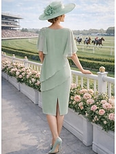 economico Lunghezza del tè-Tubino Colonna Lunghezza al ginocchio Vestito da Festa Abito da Cocktail Abito da invitata a nozze Abito da cerimonia per signora Mezza Manica Collo gioiello Elegante Ospite di nozze Chiffon con