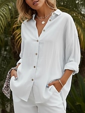 billiga Viktiga Falska Skjortor-Dam Skjorta Button Down skjorta Casual skjorta Knappar Slät Stylish Klassisk Modern Långärmad Tröjkrage Vanliga toppar Dagligen Helgdag Utekväll Blå Vit Rodnande Rosa Sommar Vår