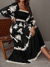 abordables Vestido Boho de Vacaciones-Mujer Vestido maxi Vestido de una línea Vestido de flores Elegante Moda Moderno Exterior Vacaciones Fiesta Ajuste regular Floral Manga Larga Escote Cuadrado Negro Burdeos Marrón Albaricoque Primavera