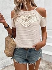 cheap Plain tee-Women's Cold Shoulder Tops Waffle Knit Tops Lace Patchwork Embroidered Solid Color Elegant Stylish Casual Short Sleeve Cold Shoulder Regular Tops Daily Going out Black Apricot Summer Spring