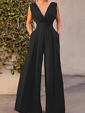 economico Tuta-Per donna Normale Tuta Elegante Tinta unica Senza Maniche Gamba larga Scollo a V Pieghettato Vacanza Ferie Vestibilità regolare Nero Verde militare Rosso Estate