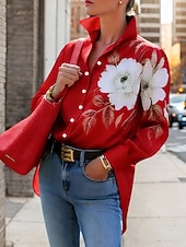 abordables Blusas Florales-Mujer Camisa Botones Estampado Floral Graphic Elegante Básico Moderno Manga Larga Cuello Camisero Tops regulares Diario Trabajo Azul Piscina Negro Rojo Morado Marrón Primavera Otoño Invierno