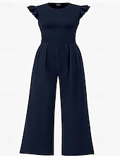 お買い得  ジャンプスーツ-女性用 ジャンプスーツ 活発的 純色 ノースリーブ ワイドレッグ ラウンドネック ラッフル ポケット 日常 バケーション レギュラー ブラック ネイビーブルー 春