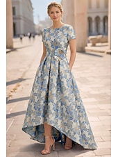 cheap Cocktail Dresses-A-Line Asymmetrical Ankle Length Cocktail Dresses Elegant Vintage Floral Short Sleeve Crew Neck Garden Party Wedding Pocket Jacquard with Bow(s) Pocket