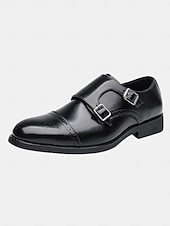 baratos Sapatos de monge-Sapatos sociais masculinos de couro sintético marrom com tira dupla de monge e detalhes brogue, estilo clássico para casamento, uso formal e empresarial
