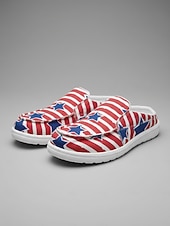  United States 250th Anniversary Women's Red Blue American Flag Print Comfort Mules – Canvas Slip-On Shoes USA Fourth of July Outdoor Events Travel  Daily Wear