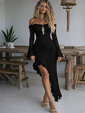 economico Vestito Semplice-Per donna Abito maxi Tubino Elegante Festa cocktail All'aperto Feste Matrimonio Pizzo Volant Patchwork Vestibilità regolare Tinta unica Manica Lunga Senza Spalle Nero Bianco Rosso