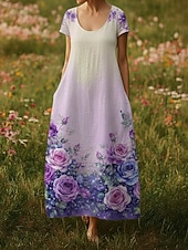  Mulheres Vestido maxi longo Vestido Boho Vestido casual Vintage Diário Ao ar livre Praia Ajuste Largo Floral Manga Curta Decote U Roxo Verão Primavera
