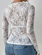 economico Top in Pizzo-Per donna Blusa Top in pizzo Pizzo Floreale Semplice Elegante Sexy Moderno Manica Lunga Scollo a V Top Regolari Quotidiano Ferie Uscire Blu Nero Bianco Vino Verde Estate Primavera Autunno Inverno