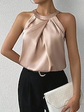 tanie Zwykły zbiornik-Damskie Elegancki Top satynowy Satynowa koszula Koszula obozowa Z marszczeniami Jednokolorowe Elegancki Podstawowy Codzienny Bez rękawów Kantarka Zwykłe topy Codzienny Święto Wyjściowe Czarny Biały