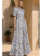 cheap A-Line Evening Dresses-A-Line Floor Length Evening Gown Ball Gown Formal Dress Celebrity Style Short Sleeve Shirt Collar Garden Party Formal Belt / Sash with Floral Print