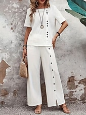 cheap Women's Blouse Suits-Women's Pants Sets Bolero Faux Cotton Linen Short Sleeve Crew Neck Solid Color Fashion Streetwear Casual Daily Outdoor Blue White Khaki Summer Regular Fit