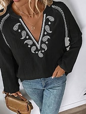 billige Enkle bluser-Dame Popover skjorte Uformell skjorte Bluse Broderi Paisly Elegant Bohem Fritid Langermet V-hals Vanlige topper Daglig utendørs Ferie Svart Hvit Navyblå Grønn Sommer Vår