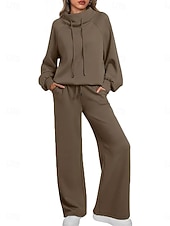 abordables Conjuntos de dos piezas-Mujer Conjuntos de pantalones parte superior del bolero Manga Larga Cuello Alto Plano Correa Retazos Moda Ropa de calle Casual Diario Exterior Azul Marino Oscuro Marrón Verde Trébol Primavera Holgado