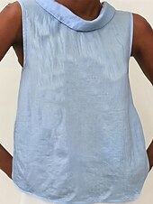 Недорогие Основные искусственные рубашки-Жен. Летние вершины Блуза Нарядные Топы Искусственный хлопок и лен Рюши Пэчворк Пуговицы Полотняное плетение Элегантный стиль Винтаж Дамы Без рукавов Вырез-хомут Обычные топы