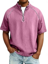  Herren Hemd aus 100 % Baumwolle in Säurewaschung T-Shirt Kurzarm Stehkragen Herbst Winter Frühling Herbst Einfach Vintage Streetwear Lässig Reißverschluss Stückgefärbt Basic Lässig Heim Straße