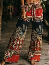 abordables Pantalons Boho-Femmes Jambe large Pantalons Vacances Mode Boho Longueur complète Taille Moyenne Fleuri Avec Poches Taille Élastique Imprimé Confortable Respirabilité Non Elastique Quotidien Extérieur Vacances Rouge
