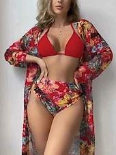 tanie 3-częściowy zestaw bikini-Damskie Stroje kąpielowe Bikini Trzyczęściowy Majtki Kostium kąpielowy Szczupła Odkryte plecy Urlop Stroje plażowe Kwiaty Kantarka Długi rękaw Kostiumy kąpielowe